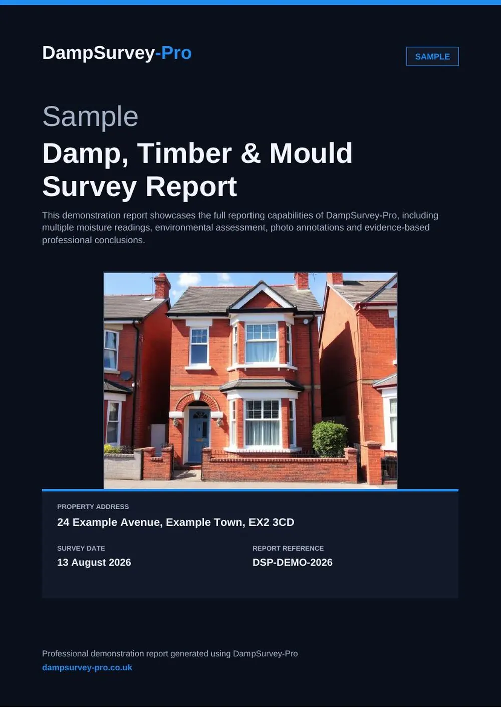Cover page of a professional damp survey report produced with DampSurvey-Pro